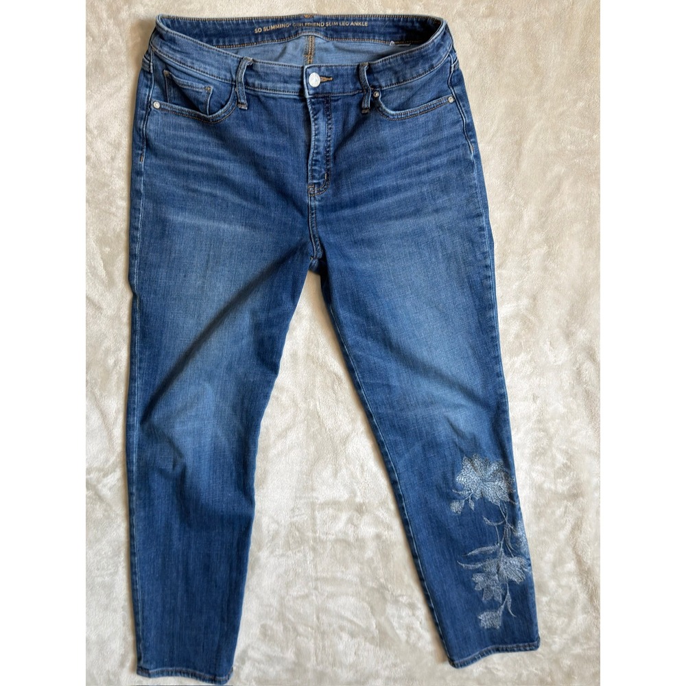 Chico's So Slimming Girlfriend Slim Leg Ankle Jeans Embroidered Floral Blue 1.5